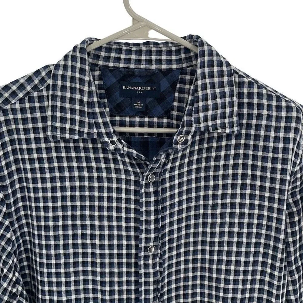 Banana Republic Mens Plaid Cotton Snap Button Long‎ Sleeve Shirt Blue Medium